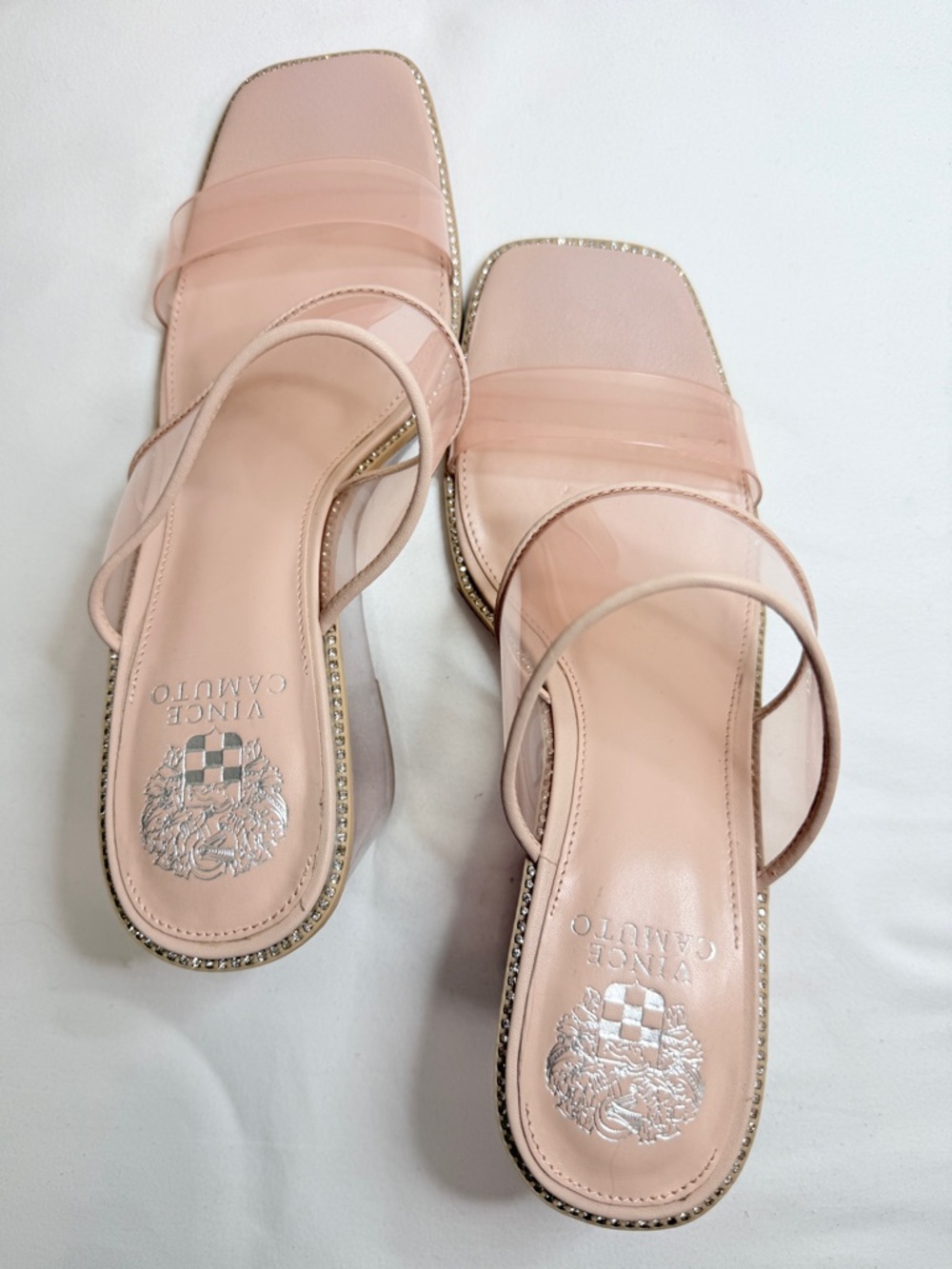 Vince Camuto Clear Pink Wedge Sandals Rhinestone Trim Size 9